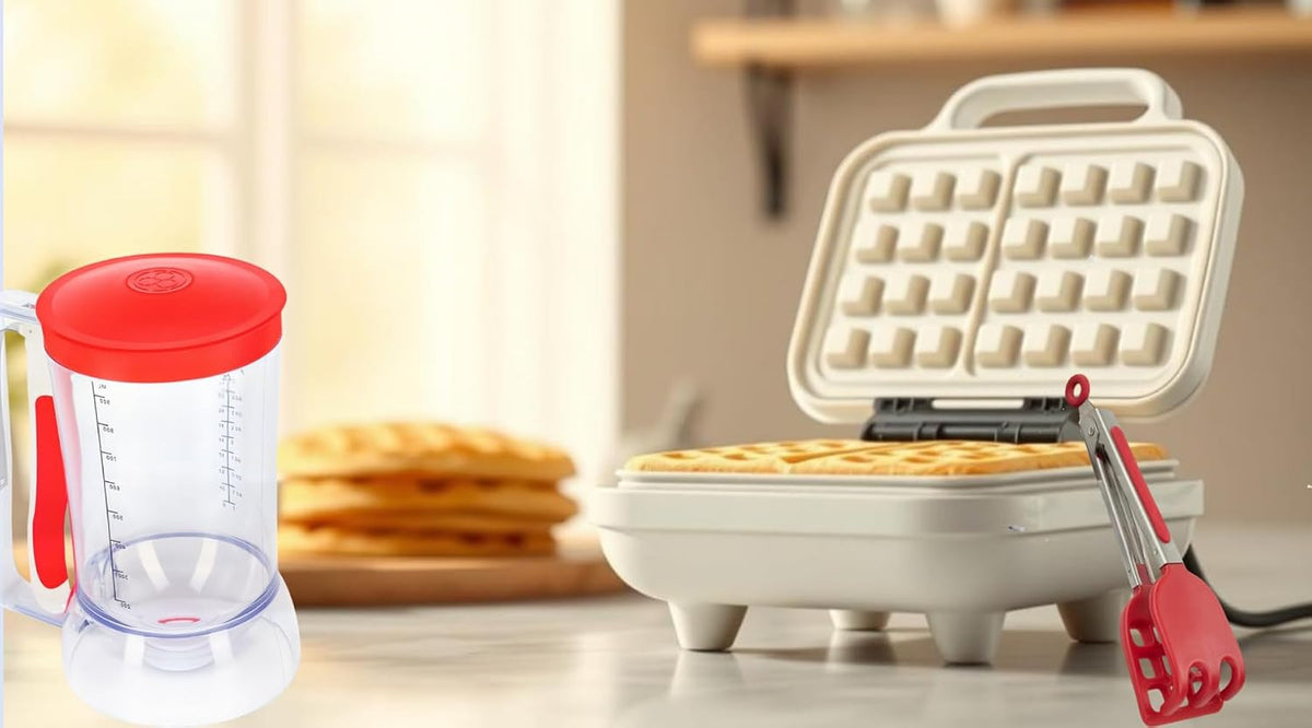 Waffles Batter Dispenser n Waffle Tongs Combo Set,Get Perfectly Fluffy Waffles Every Time! Batter Measuring Separator for Pancakes, Cupcake, Muffin Quick Filling Cookie Batter