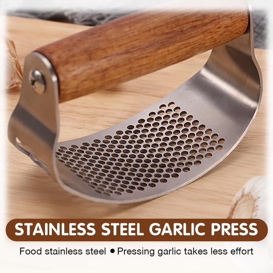 Stainless Steel Garlic Presser & Bottle Opener, Wooden Handle Garlic Press Rocker, Garlic Mincer Tool Garlic Chopper Hand Garlic Grinder, Hand Press Garlic Dicer Garlic Crusher (1 Pack)