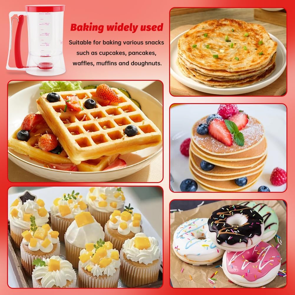 4 Cup Pancake Batter Dispenser with Cupcake Scoop Batters Dispenser,Pancake Waffl Mix Dispenser with Squeeze Handle & Measuring Marks,for Cupcake,Muffins, Crepes & Cupcakes(black)