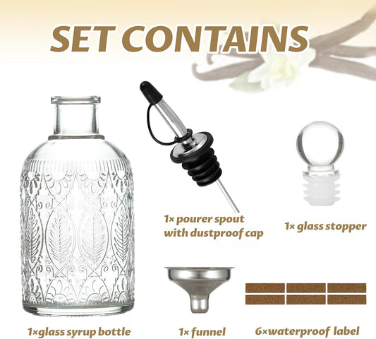 Retro Glass Syrup Dispenser Bottle 7oz, Oil and Vinegar Cruet with Stainless Steel Pour Spout, Labels, Funnel & Stopper(Leaf)
