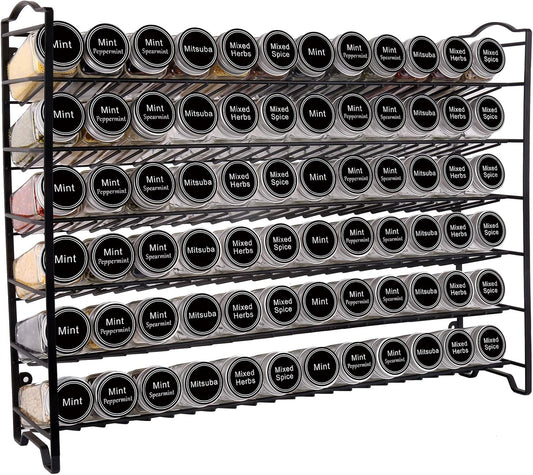 Spice Rack Organizer with 72 Spice Jars 4 oz, 396 Spice Labels | Chalk Marker, Funnel Set, Spice Organizer for Countertop, Pantry, Cabinet, Cupboard & Wall Mount, 22.2" W × 16.5" H, Black