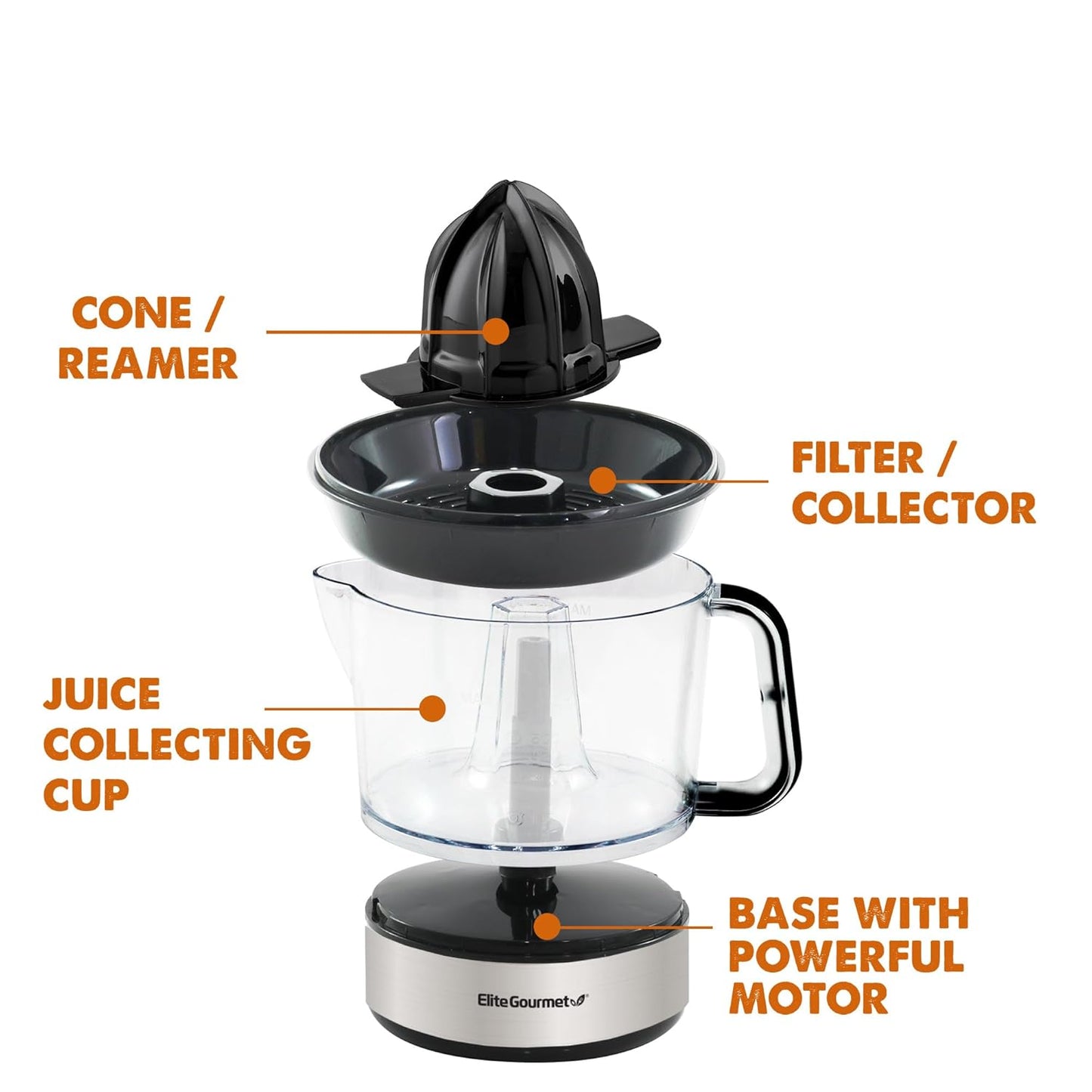 ETS326 BPA-Free 40-Watt Electric Citrus Juicer, Compact, Large Volume, Pulp Control, Oranges, Lemons, Limes, Grapefruits with Easy Pour Spout, 24oz, Black/Stainless Steel