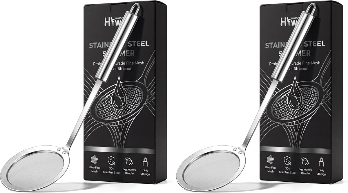 Stainless Steel Fat Skimmer Spoon - Fine Mesh Food Strainer for Grease, Gravy and Foam, Japanese Hot Pot Skimmer with Long Handle