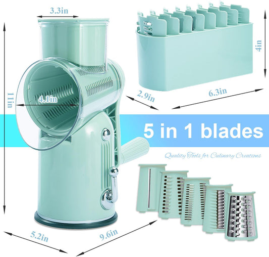 Hand Crank Rotary Cheese Grater, 5-in-1 Vegetable Slicer (Green) | Easy to clean.Strong suction base.Internal barrel keeps hands away from blades.BPA-free food-grade ABS plastic.