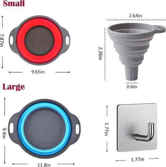 Collapsible Colander Set, Space-Saving Foldable Kitchen Strainer for Pasta, Vegetables & Fruit, Colander for Kitchen with 2 Stainless Steel Hooks & Silicone Funnel – Blue