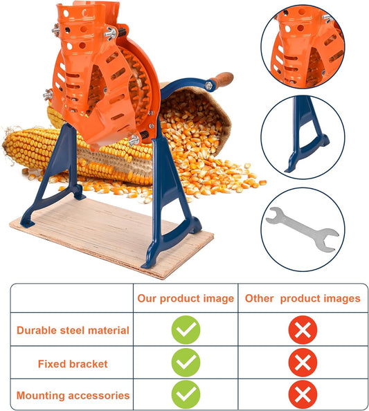 Steel Corn Sheller Hand Crank - Corn on The Cob Remover with Stand | Heavy Duty Corn Cob Stripper, Manual Corn Thresher with a Set of Installation Tool
