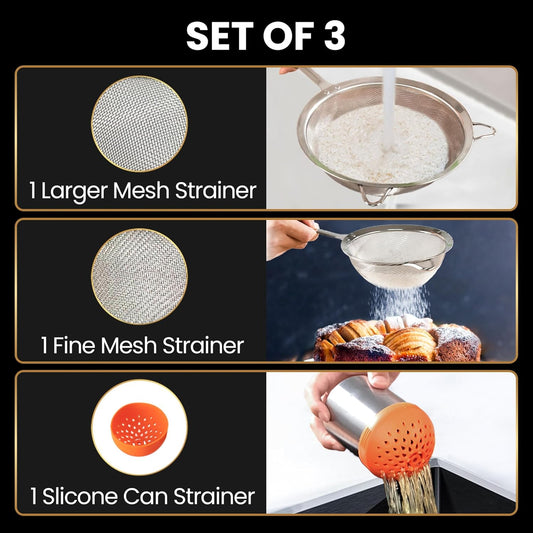 Stainless Steel Fine Mesh Strainer Combo, Spill-proof Design | Include Large Stainless Steel Flour Sifter, Fine Mesh Sieve and Silicone Can Strainer, Dishwasher Safe, 5-Year Warranty