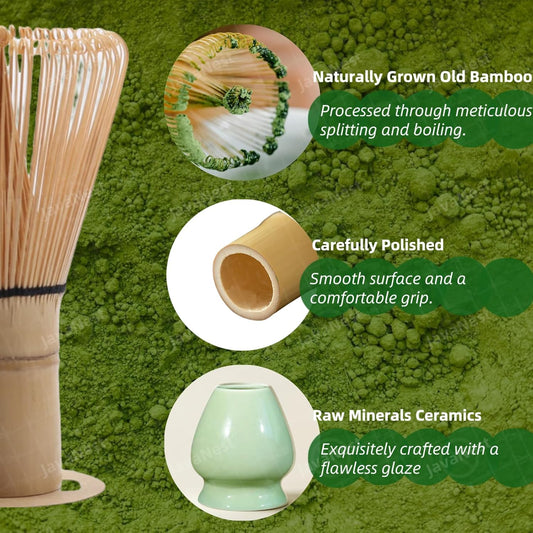 Matcha Whisk Set, 6-Piece Matcha Making Kit, Macha Tea Set, (Chasen Holder), Ceramic Whisk Holder, Matcha Starter Sifter, Bamboo Scoop, Spoon Japanese Tea Tools For Ceremony Gift (Green)