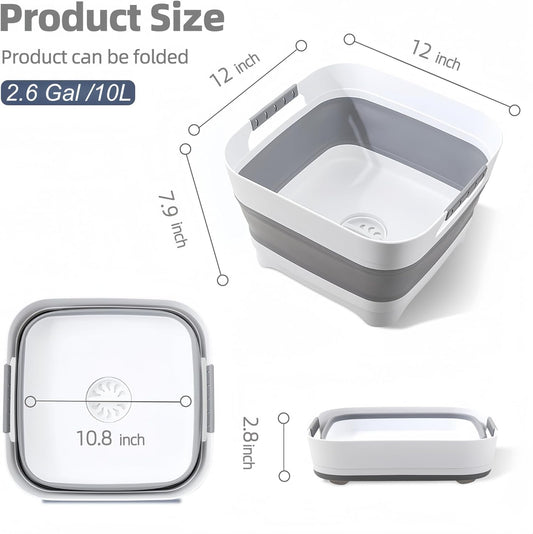 2.6 Gal/10L Collapsible Wash Basin with Drain Plug, Portable Foldable Dish Tub, Large Capacity Space-Saving Sink for Baby Bottles, RV, Camping, Kitchen, Travel & Outdoor Use