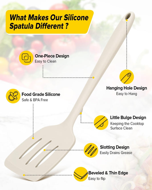 Silicone Spatula, Solid & Slotted Turner, One-Piece, 2 Pack,Khaki