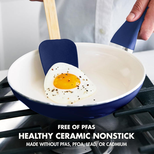 Rio Healthy Ceramic Nonstick 8" Frying Pan Skillet and Silicone Spatula Set, Soft Grip Handle, Breaktfast Meal Set, PFAS-Free, Dishwasher Safe, Oven Safe, Oxford Blue