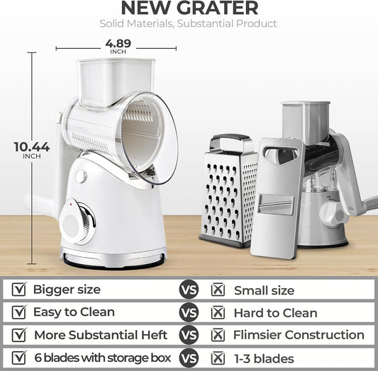 Rotary Cheese Grater Hand Crank, Kitchen Shredder Vegetable Slicer | 6 Blades, Strong Suction Base, Wider Innet, Easy to Clean, for Veggie, Cheese, Ice, Nuts with Blade Storage Case, White