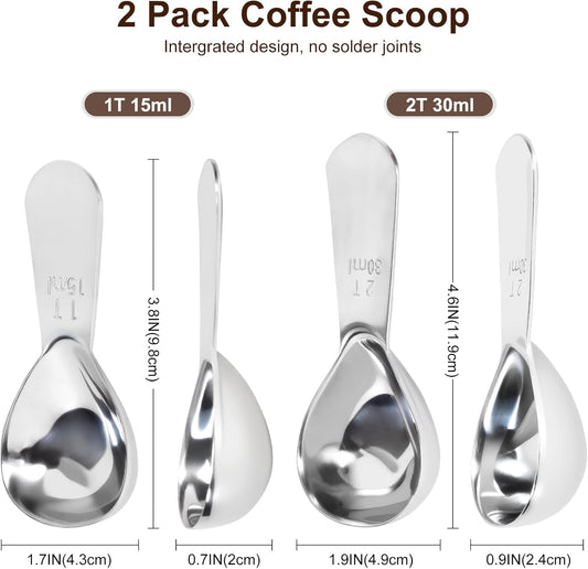 2Pcs Coffee Scoops, Premium 18/8 Stainless Steel Coffee Spoons, Set of 2 Short Handled (1 Tablespoon & 2 Tablespoon) Coffee Measuring Spoon for Ground Coffee, Tea and Powder