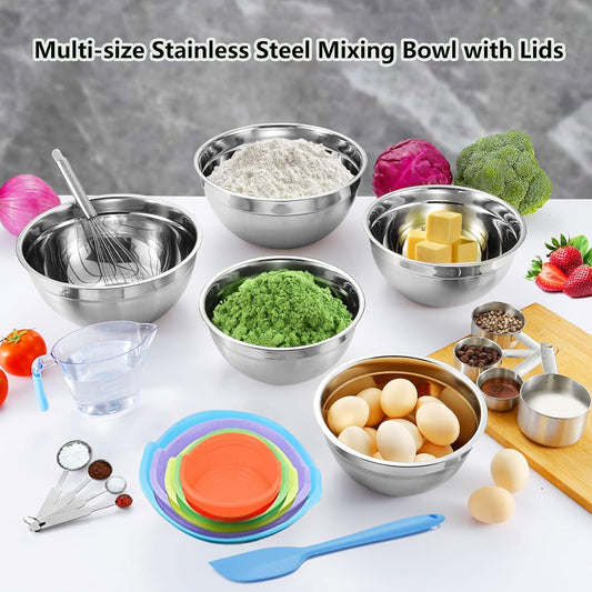 Mixing Bowls Set, 22PCS Large Stainless Steel Mixing Bowl with Lids Set, Large Nesting Bowls 7/6/4.5/3.5/2.5QT, Measuring Cups and Spoons Baking Storage Metal Bowl for Kitchen Prep Supplies