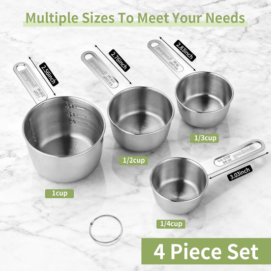 Measuring Cups of 4, Stainless Steel Measuring Cups, Stackable | Stainless Steel Cups with Metal Handle for Dry and Liquid Ingredients, Ideal for Cooking & Baking