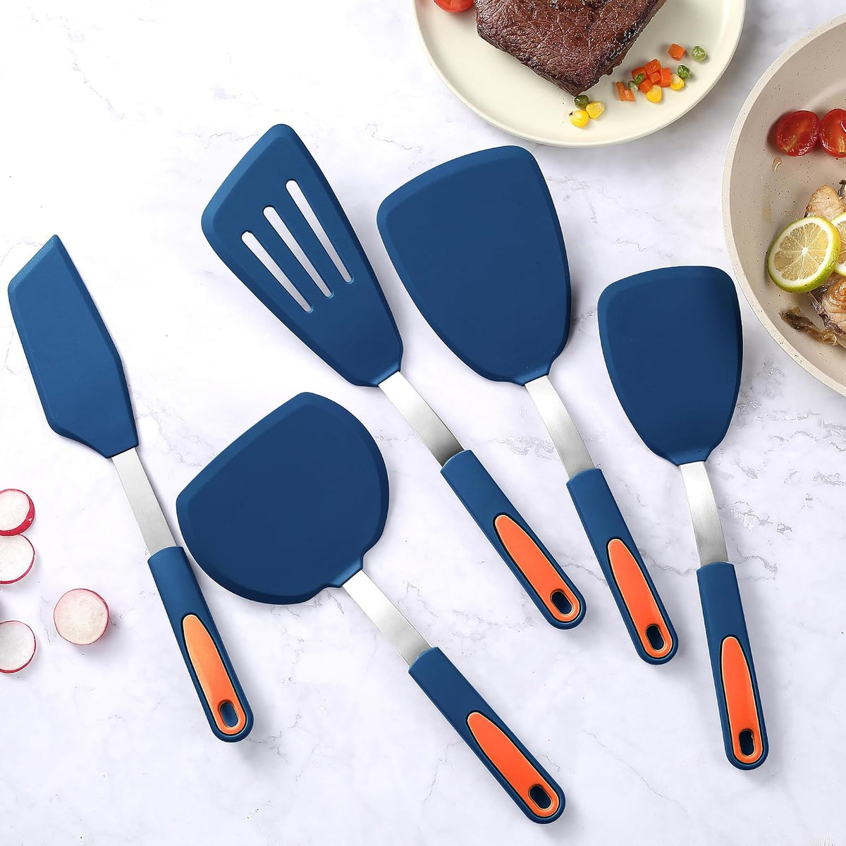 5 Pieces Silicone Spatula Set, Non-Stick Silicone Turner Spatulas, Heat Resistance Cooking Utensils, Flip Turner for Fish, Egg, Pancake, Navy Blue