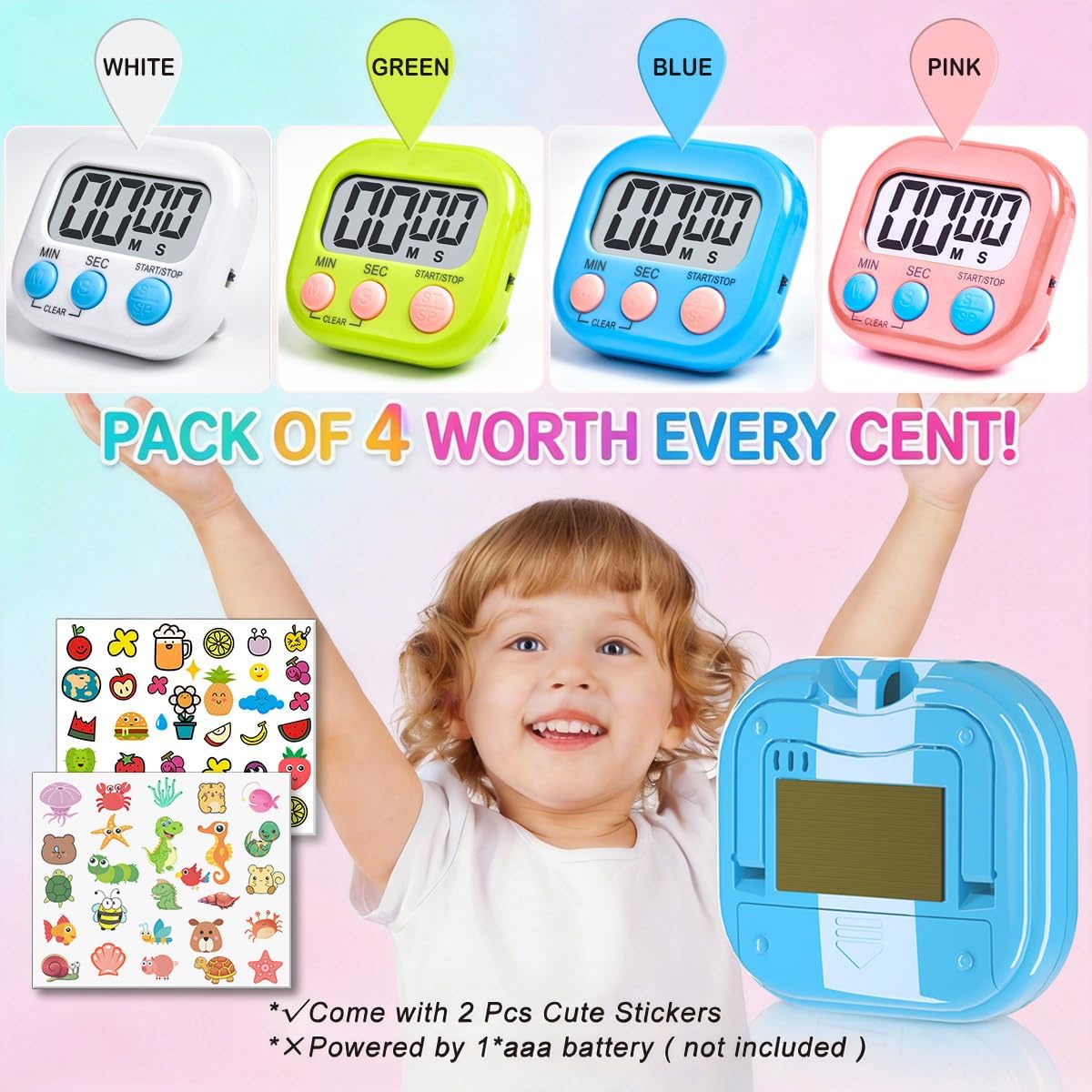 4 Pack Digital Timer for Kids, Kitchen Timer for Cooking, Classroom, Study, Exercise with Countdown/Up Mode - Loud Alarm, Large Display - AAA Battery Operated (Not Included)