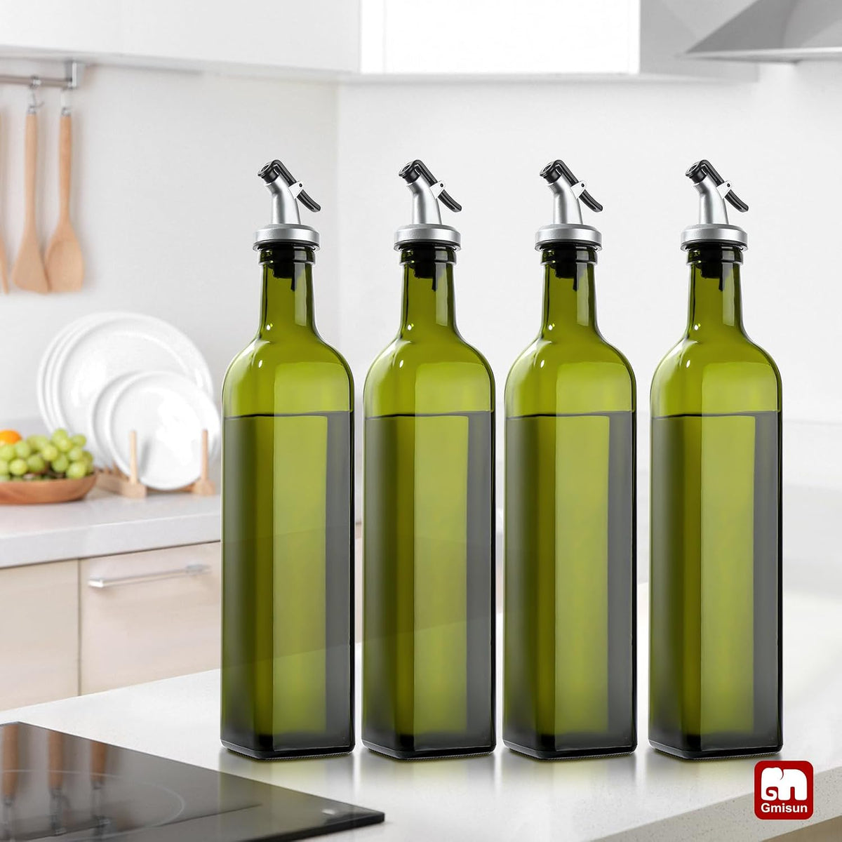 Olive Oil Dispenser Bottle for Kitchen, 4 Pack 17 Fl Oz Glass Oil Dispensers Bottles, Clear Cooking Vegetable Oil Dispenser Container Cruet Set with Plastic Pourer Spout, Funnel and Labels