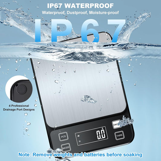 Large 22lb Kitchen Scale with 0.1g High Precision, IPX67 Waterproof | Stainless Steel Food Scale, 10 Unit, Washable, Hangable, USB Rechargeable, LCD Display, for Cooking, Baking