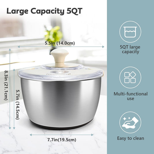 Salad Spinner Stainless Steel,Manual lettuce dryer With lid, basin, drain frame and non-slip base,lettuce spinner with Quick Spin,Spaghetti & Chip Strainer BPA Free,Easy Clean,5qt