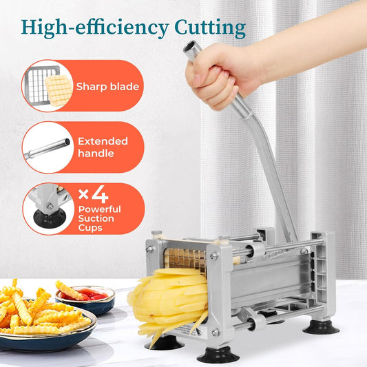 French Fry Cutter with 1/4", 3/8", 1/2" Stainless Steel Blades | Durable aluminum construction with non-slip suction base for stable cutting, ideal for potatoes, carrots and vegetable prep