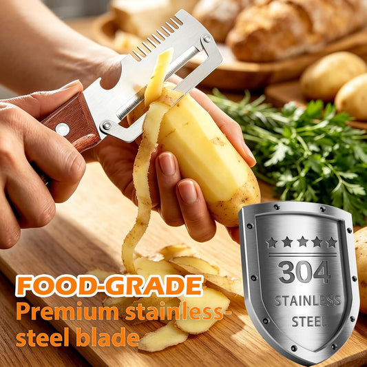 2PCS Multifunctional Vegetable Peeler, 3-in-1 Stainless Steel Vegetable Peeler with Wooden Handle and Bottle Opener, Kitchen Gadgets for Fruit Veggie