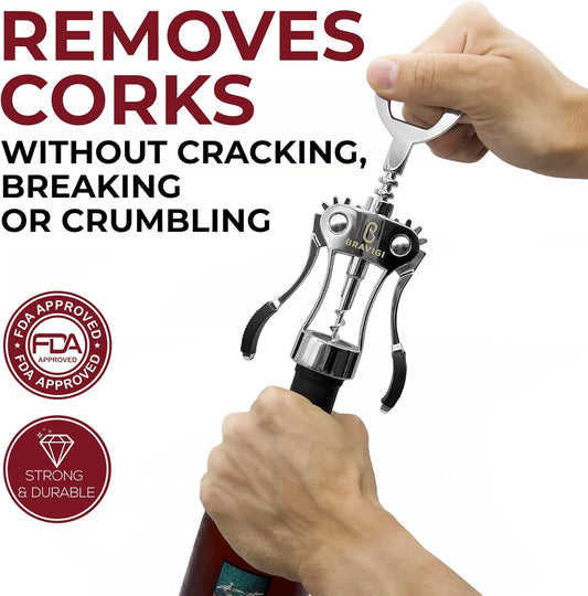 Premium Wine Opener, Wing Corkscrew - Made w/Heavy Duty Stainless Steel Screw & Zinc Alloy Body - Perfect Corkscrew to Open Wine & Beer Bottles - Great Bootle Opener For Bartenders, Restaurants & Home