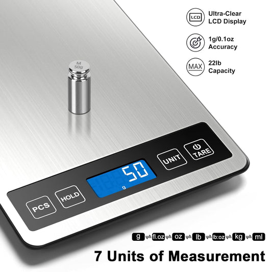 Food Scale, 22lb/0.1oz Digital Kitchen Scale - 7 Units, Tare & PCS | Rechargeable Power, Tempered Glass & Stainless Steel - Digital Food Scale Grams and Ounces for Weight Loss, Baking, Cooking