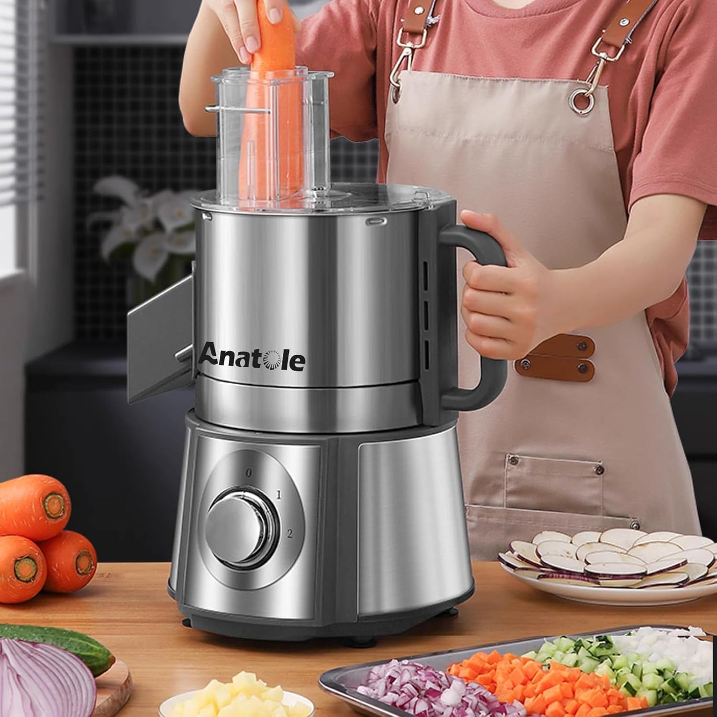 Electric Vegetable Dicer Slicer Shredder 5 in 1 Commercial Food Processor 16-Cup Stainless Steel Veggie Chopper Heavy Duty with 5 Blades Auto Discharge for Potato Onion Carrot 300W
