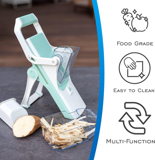 Safe Mandoline Slicer - 5 Interchangeable Blades, Dishwasher Safe, Easy Set-Up - White & Mint Green