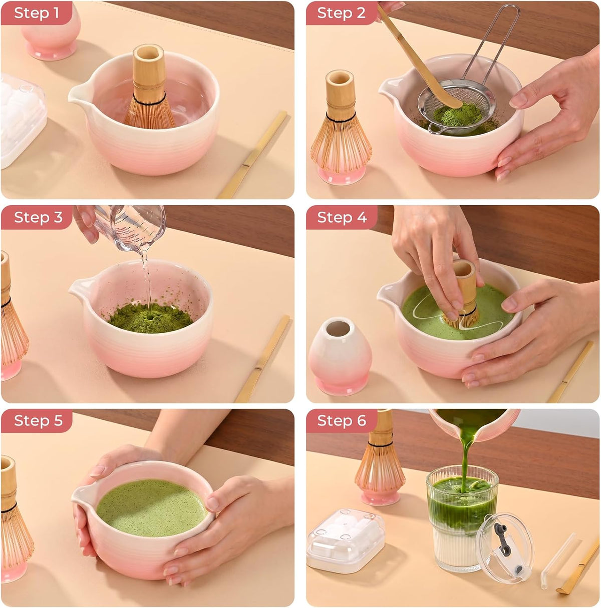Matcha Whisk Set, Complete Matcha Kit with Bowl, Bamboo Whisk & Holder, Scoop, Sifter, Glass Cup with Lid & Straw, Ice Cube Tray – Matcha Gift Set for Matcha Lovers