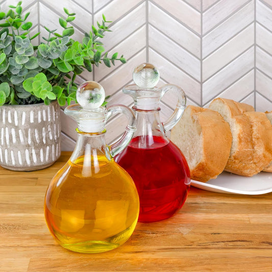 Glass Oil and Vinegar Cruets (Set of 2); 8oz Round Oil Dispensers/Salad Dressing Bottles with Stoppers
