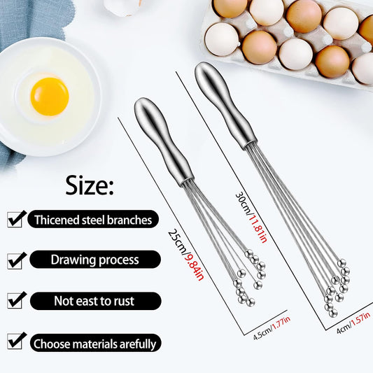 2 Pack Ball Whisk Stainless Steel, Excellent for Eggs | Wisk with Individual Ball Wires; 10 Ball Head, Ergonomic Handle, Easy to Clean; for Eggs, Sauces, and Dressings