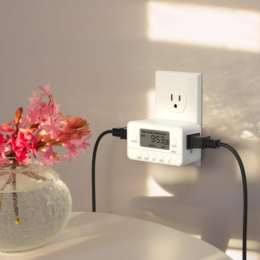 Digital Timer Outlet,7 Day Programmable Plug Timer for Light Indoor | 8 ON/OFF Programs 3 Prong Dual Grounded Outlets Timer , Vacation Mode, Light Switch for Lamps, Coffee Makers, Fans,15A/1875W