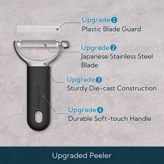 Swivel Vegetable Potato Peeler for Kitchen, Japanese Stainless Steel Sharp Blade, Heavy Duty Die-cast Construction Y Peeler, Built-in Eye Remover, Soft-touch Handle, Dishwasher Safe, Black