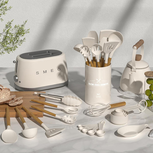 Kitchen Cooking Utensils Set, 33 pcs Non-Stick Silicone Cooking Kitchen Utensils Spatula Set with Holder, Wooden Handle Silicone Kitchen Gadgets Utensil Set (Khaki)