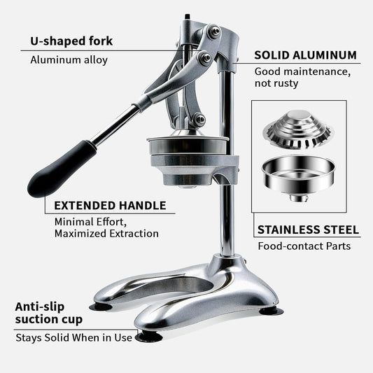 Cast Iron Manual Juicer, Full 304 Stainless Steel, Gravity Press Lever, Effortless Hand Press Juicer for Citrus Lemon Lime Grapefruit, Easy to Clean with Wide Stable Base (Silver)