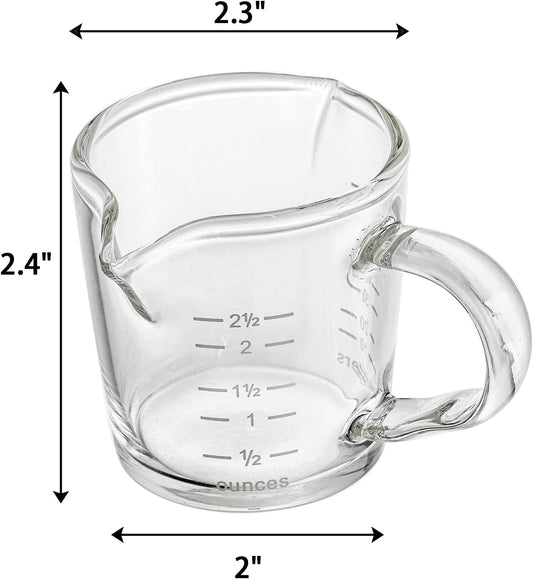 4 Pack Double Spouts Measuring Cups Espresso Shot Glass with Handle, 2.5 Oz Mini Milk Triple Pitcher Barista Clear Graduated Cups for Coffee, Wine, Bar, Party
