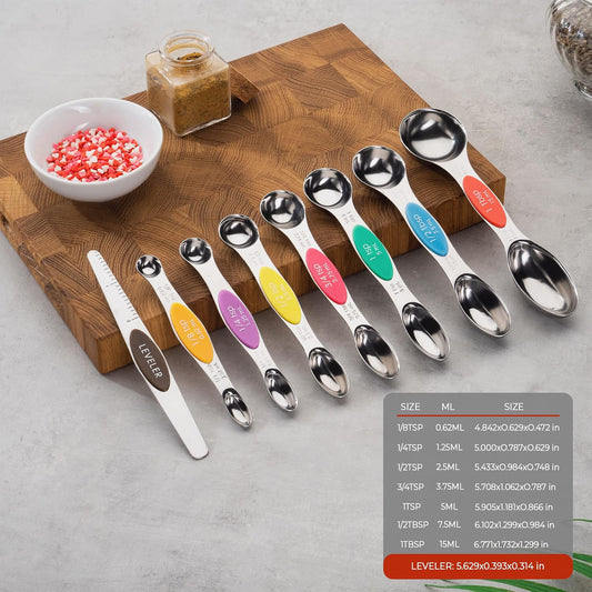 Magnetic Measuring Spoons Set of 8 Stainless Steel Etched Dual Sided Stackable Engraved Nesting Teaspoons Tablespoons for Measuring Dry and Liquid Ingredients (Multicolor)