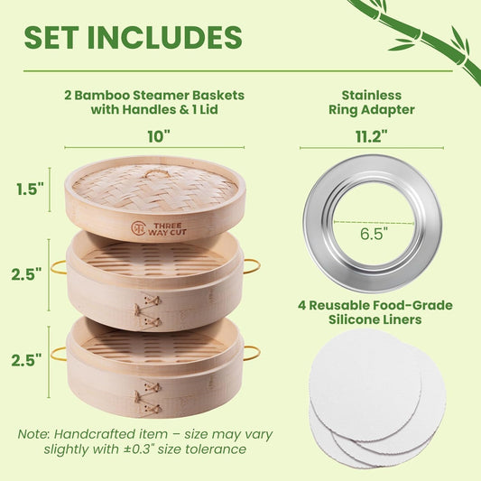 Bamboo Steamer Basket 10 Inch Extra Deep Easy Lift Handles Dumpling Steamer