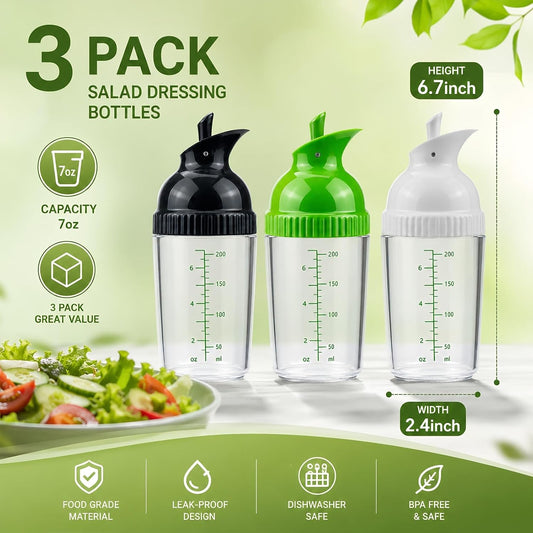 3 Pack Salad Dressing Shaker Container, 7 Oz Salad Dressing Mixer Bottle Mixer Dispenser, Dripless Pour, Soft Grip, BPA Free