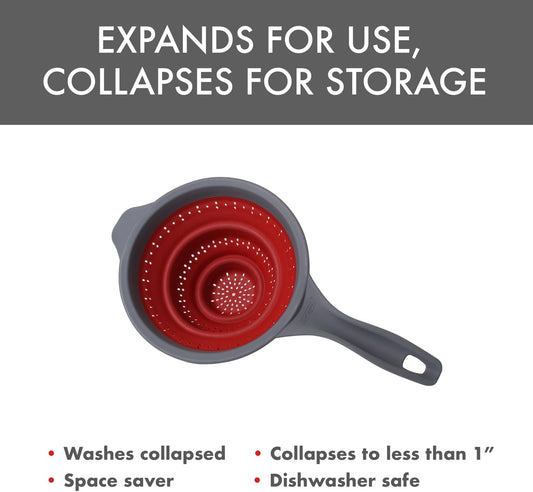Pop N Store Collapsible Strainer, 8-Inch, Red, 1.3 Quarts Capacity, Dishwasher Safe, Space-Saving Design