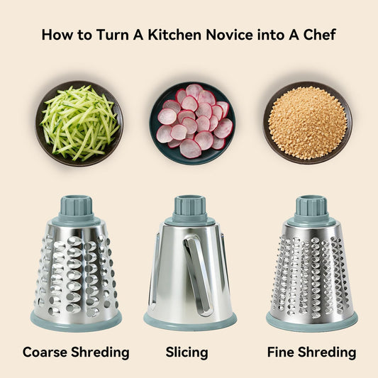 Rotary Cheese Grater Shredder Slicer - 3-in-1 Handheld Crank with Food Pusher for Hard Cheese, Vegetables, Chocolate - Ergonomic Hand Crank, Dishwasher Safe Gray Cyan