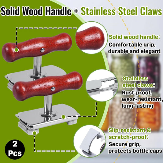 2-Pack Adjustable Jar Opener, Stainless Steel Lid Remover, Wood Handle | Non-Slip Metal Clamp, 0.4-4.1 Inch Range, Rust-Proof Quick Rinse, Adjustable Lid Remover for Seniors & Arthritic Hands