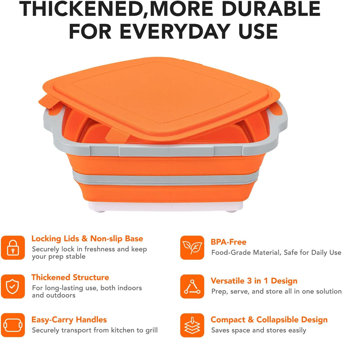 ZYIIXYO 3-in-1 Collapsible BBQ Prep Tub with Locking Lid, Orange 8L