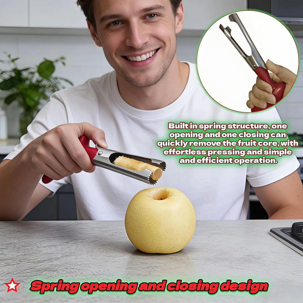 Apple Corer, Stainless Steel Apple Corer and Divider with Sharp Serrated Blade – Easy to Use – Core Remover Tool for Apples, Pears, Cupcakes – Heavy-Duty Kitchen Gadget for Baking, Cooking (Yellow)