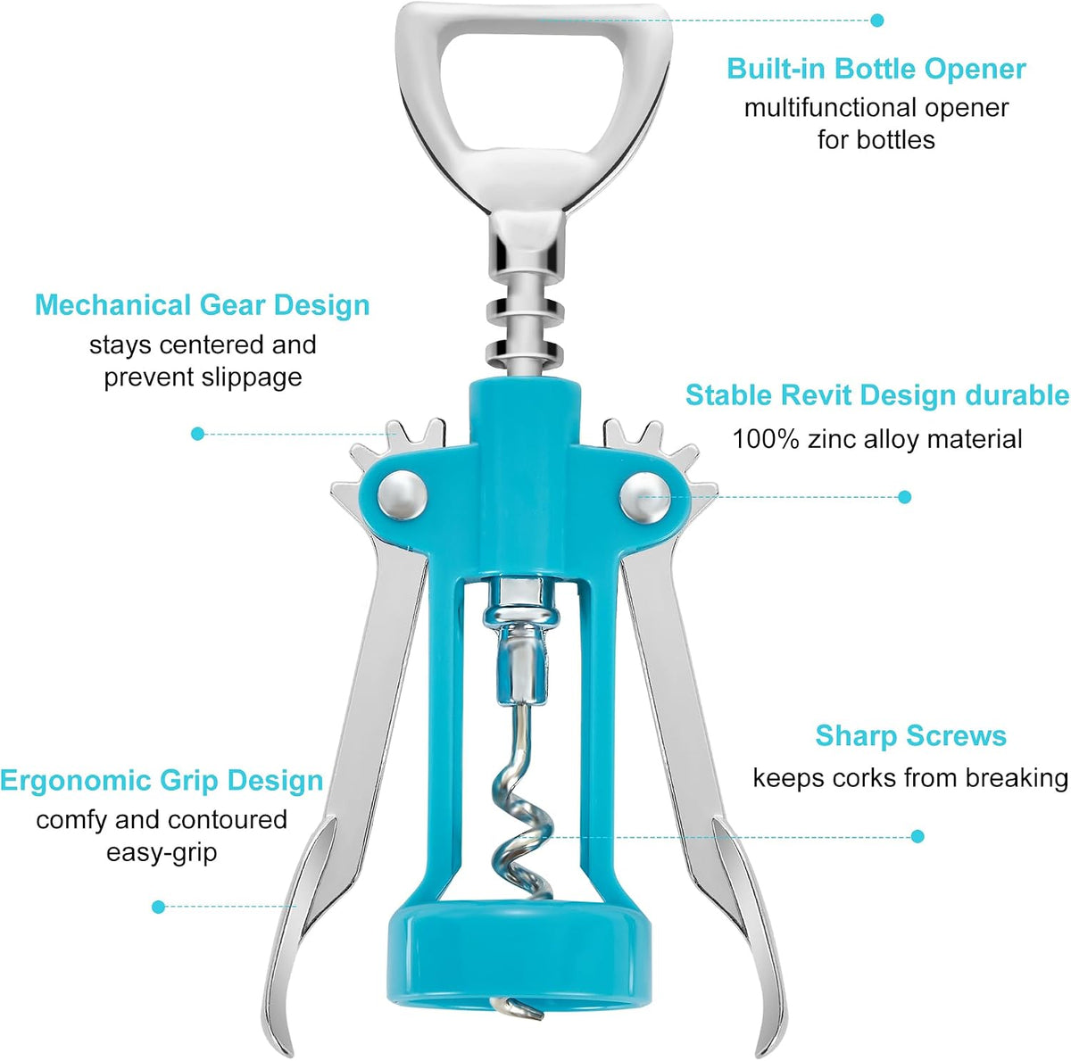 Wine Opener,Multifunctional Bottles Opener Zinc Alloy Corkscrew Wine Opener with Ergonomic Wing Handle (navy blue)