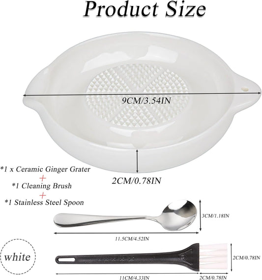 Ceramic Grater,Ceramic Ginger Grater,Garlic Grater,Ginger Grater,Spice Grater,Nutmeg Grater Made of Ceramic for Ginger,Garlic,Nutmeg,Celery,Carrots,Wasabi,With Brush+Spoon,Diameter 9cm(White)