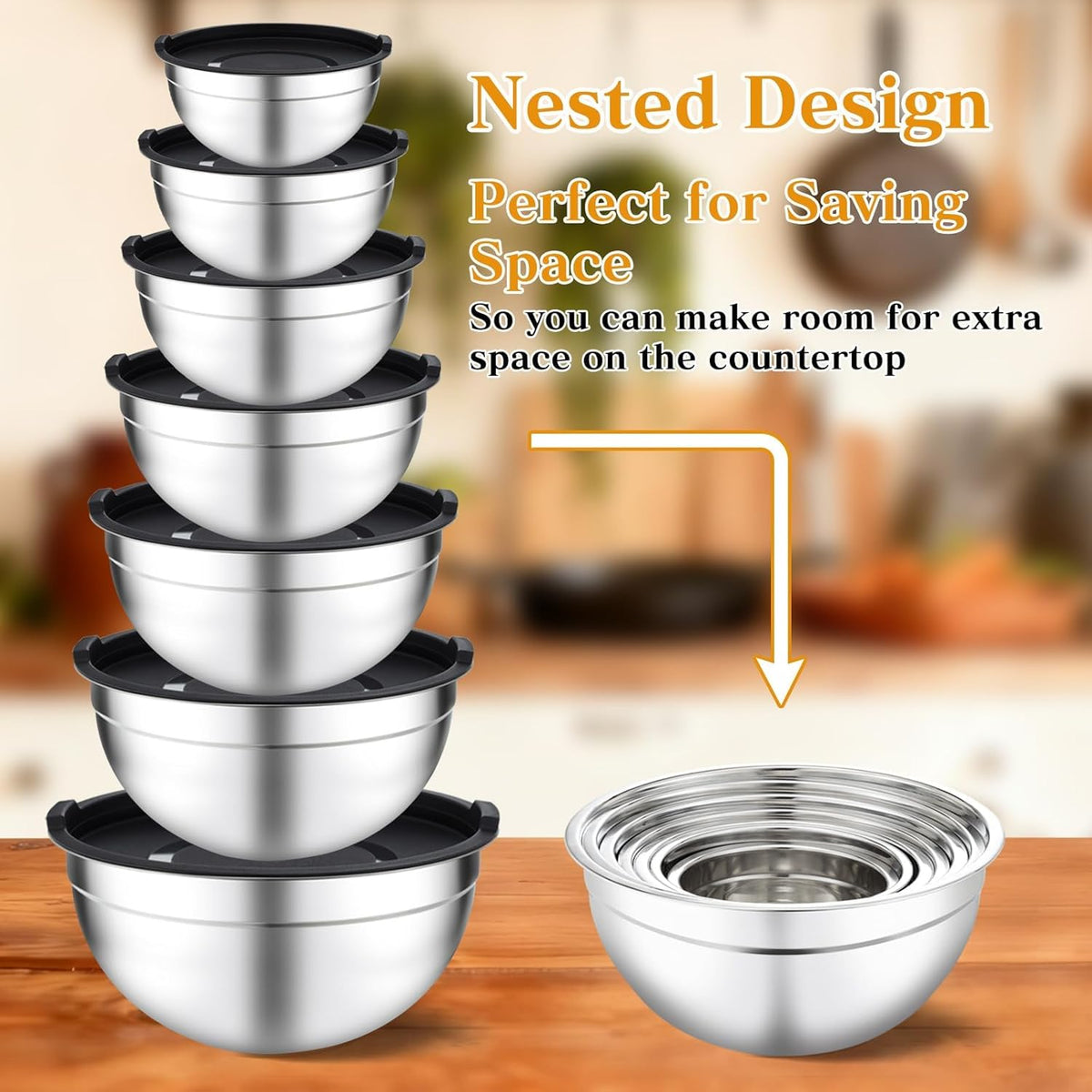 Mixing Bowls with Lids Set - 7 Pcs Stainless Steel Mixing Bowls Non-Slip Silicone Base Mixing Bowl Set for Kitchen with 3 Grater Attachments
