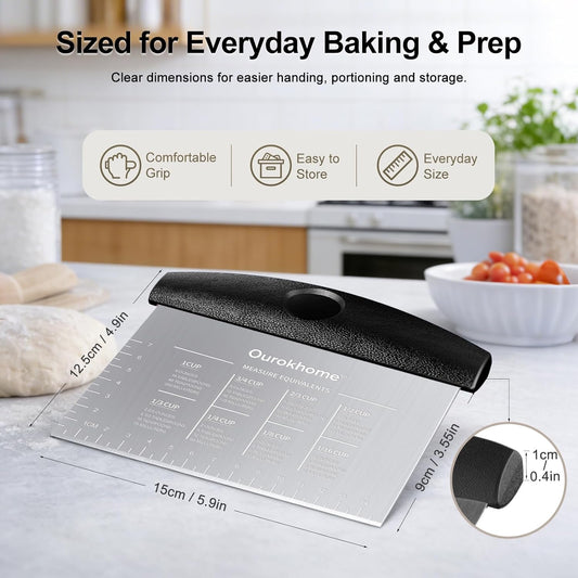 2 Pack Bench Scraper Dough Cutter, Stainless Steel Dough Scraper with Laser-Etched Scale, Conversion Chart, Non-Slip Handle, Dishwasher Safe for Bread & Pastry, Black